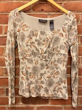 Vintage 2000’s Y2K Access Green & Beige Floral Long-Sleeve Scoop Neck Top